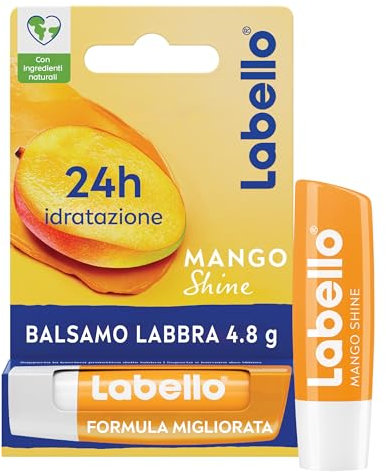 Labello Mango Shine Burrocacao labbra 4.8 g, Balsamo labbra nutriente all'aroma di Mango con pigmenti scintillanti, Lip balm idratante per 24 ore con ingredienti di origine naturale