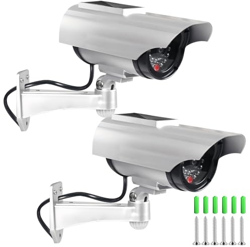 VEGOATY 2 Stück Dummy Kamera mit Solarlampe Aussen mit LED Solarleuchte, Kamera Attrappe Außen Solar, Fake Überwachungskamera, für Garten Türöffnung Korridor, Sicherheitskamera Silber