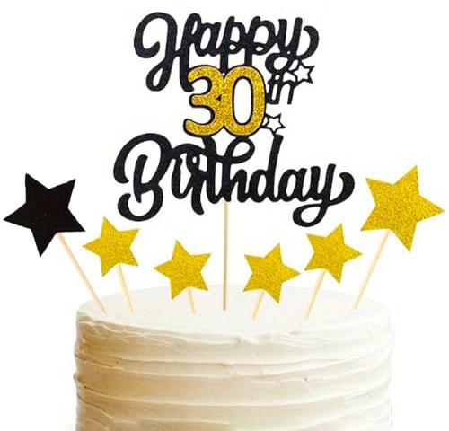 30th Birthday Cake Topper, Black Gold Glitter Happy 30th Birthday Cake Toppers with Stars Design for Men Women Cheers to 30 Years Old Party Decorations