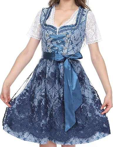 Lifos 0300 Dirndl Damen Midi 2 Teilig Trachtenkleid mit Schürze, Elegantes Dirndlkleid für Oktoberfest, Traditionelles Trachten Dirndl, Festkleid Damen Blau Grün Rot