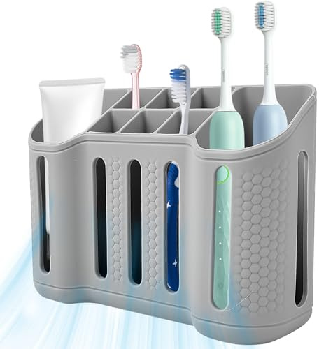 Portaspazzolini in Silicone con 8 Scomparti, Ventosa Sul Retro per un Fissaggio Sicuro, Fori di Drenaggio, Adatto per Spazzolini da Denti, Dentifricio, Pettini, Rasoi (16 × 12 × 5 cm)