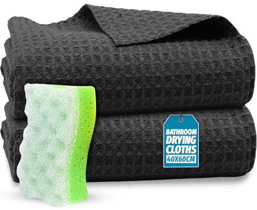 Towelogy Magic Bathroom Cleaning Cloths – 2 Pack Waffle Microfibre 40x60cm Reusable, Lint-Free Towels for Shower Doors Glass Surfaces Drying Towel for Bathrooms (2, Grey)