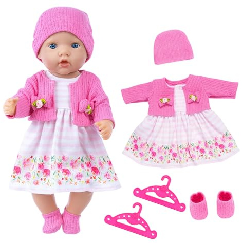 WanderGo Baby Doll Clothes 35-43 cm, 6-piece Outfit with Pink Cardigan + Floral Dress + Socks + Hat + 2 Hangers, Dolls Clothes for 14-18 inch dolls (doll not included)