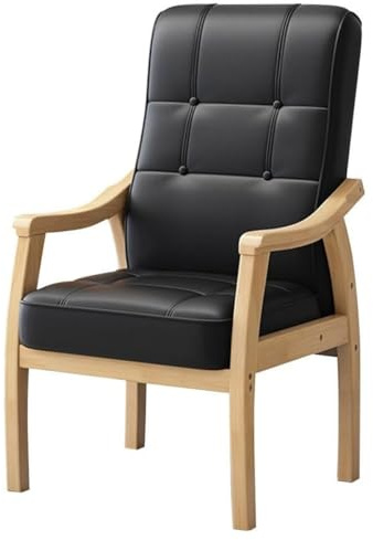 Lädermatstolar Kontorsstol Med Hög Rygg Och Träben Läsfåtölj Med Mjukt Vadderad Sits Kraftiga Receptionstolar Med Armstöd I Trä(Black,Natural legs)