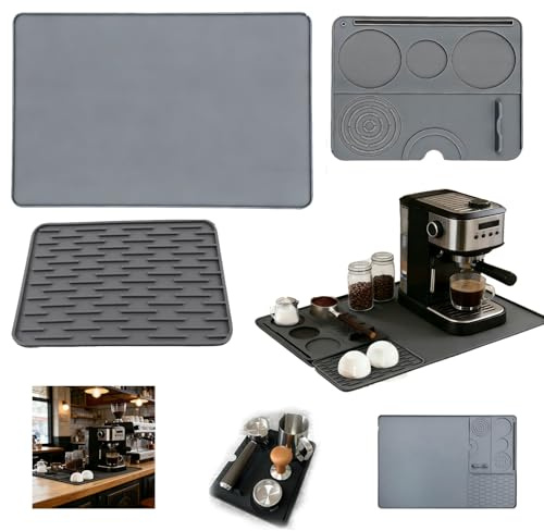 XIANJIA Silicone Coffee Mat, 54.5x38.5cm Coffee Machine Mat with Tamper Pad, Cafe Tamper Mats for Countertop, Drainage Area & Spill-Resistant Edge, Noise-Reduction & Multi-Purpose Kitchen Use (Grey)