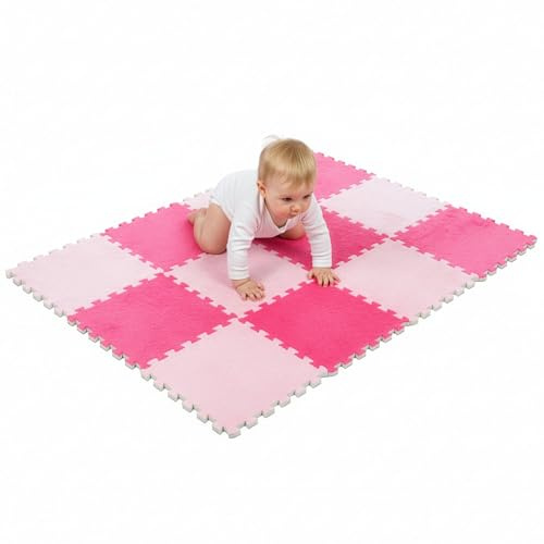 CROWNSHOP Baby Play Mat 12PCS Plush EVA Interlocking Foam Tiles Red Pink