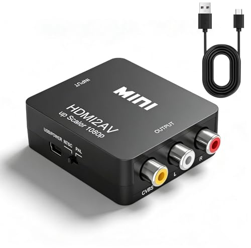 HDMI a AV Convertidor, 3 RCA CVBS Compuesto Adaptador de Video y Audio, Mini Conversor de Señal 1080P/720P a 480i/576i con Cable USB, Compatible para Roku, Chromecast, PC, Laptop, Xbox, PS, DVD, TV