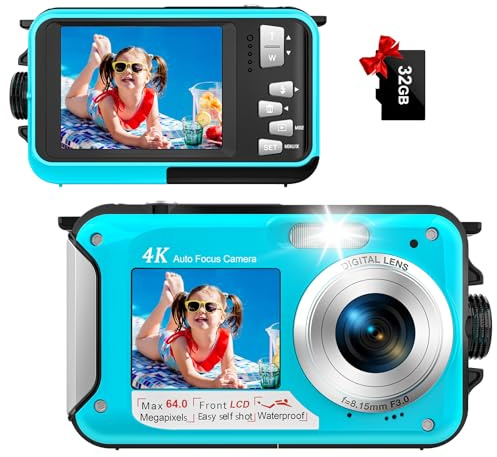 Appareil Photo Etanche Appareil Photo numérique 4K 64MP Autofocus Caméra sous-Marine Carte mémoire 32G Selfie Double écrans 16FT 16X Zoom Appareil Photo Numérique Etanche