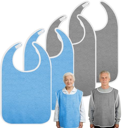 Aolso 4 Pack Adult Bibs for Men and Women, Reusable and Washable Bib for Elderly, Terry Cloth Bibs for Eating, Clothing Protection for Senior-Grey & Blue