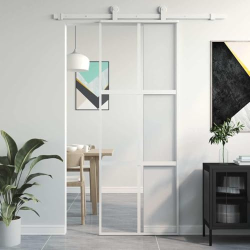 RuiNingRN Sliding Door, White, 76 x 205 cm, Tempered Glass with Aluminium Frame, Clear Glass Insert for Living Room, Modern Interior Door with Seal, Fitting and Insulation for New Construction and