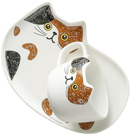 Hoement Set Stile Moderno e Funzionale Tazza da Caffè in Ceramica Piattino Design Gatto con Capacità 200ml per Hotel e Anniversari