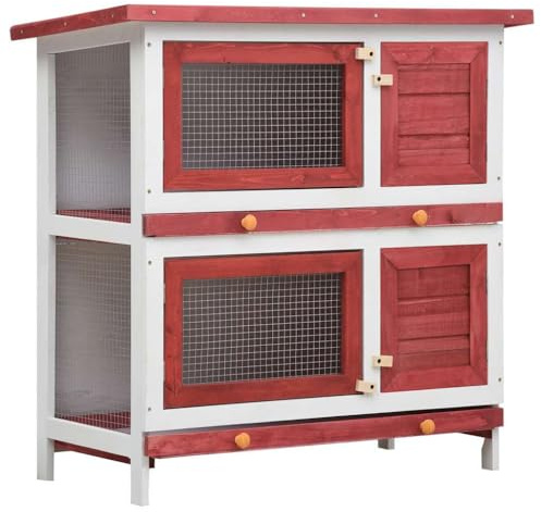 Owoxanthellate Kaninchenstall Holz Hasenstall 2 Ebenen mit 4 Türen, Kleintierstall doppelstöckig für Kaninchen und Hasen, Hasenkäfig mit Schublade, Rot Weiß, 90x45x90 cm