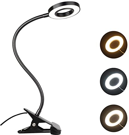 Akynite Clip on Desk Light with USB Cable, 48 LED Bedside Reading Lamp Dimmable, 3 Colors & 10 Brightness, 35cm Gooseneck Clip Bed Light for Reading, Clamp Desk Ring Lamp for Craft Video Calls, Black