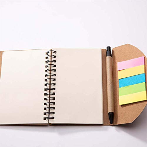 Spiralblock mit Stift, 12 x 16 cm, Retro-Kraftpapier-Einband, Notizblock mit Haftnotizen und Stift.