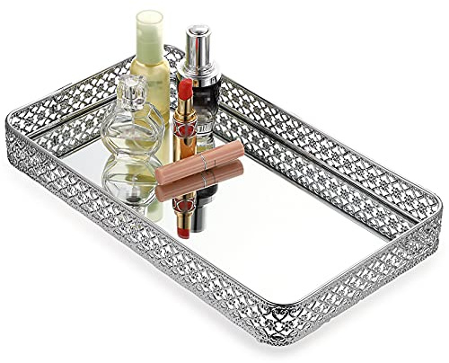 ELLDOO Vassoio con specchio per profumo e trucco, organizer in metallo argentato per comò e piano di lavoro del bagno, design intagliato cavo, per riporre gioielli, di grandi dimensioni, 35,1 x 20,1