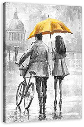 Romantic Couple Wall Art Lovers Walk on Street with Umbrella and Bicycle Oil Painting Black White Canvas Print Picture Love Theme Home Decor for Living Room Bedroom, Framed (Yellow, 12x18)