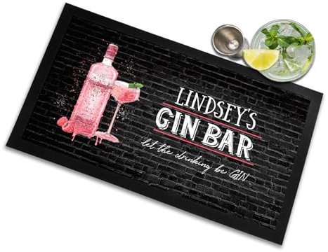 Personalised Bar Runner, Pink Gin Black Brick effect, any name customised Home Cocktail Bar gin Mat