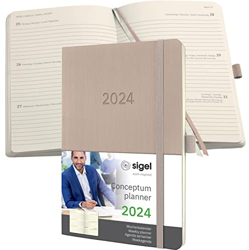 SIGEL C2430 Terminplaner Wochenkalender 2024, ca. A5, taupe, Softcover, 192 Seiten, Gummiband, Stiftschlaufe, Archivtasche, PEFC-zertifiziert, Conceptum