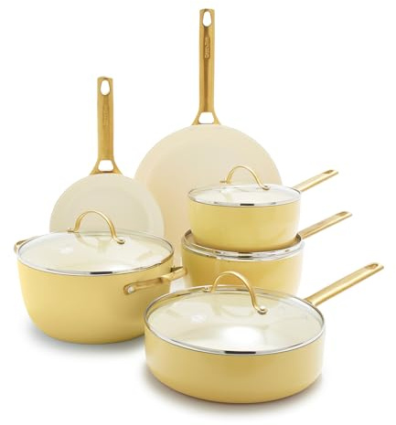GreenPan Reserve Harteloxiertes Gesundes Keramische Antihaft-Kochgeschirr Set,10 Teile,Inklusive Bratpfannen Sautierpfanne und Kochtopf,Goldgriff,PFAS-frei,Induktion,Backofenfest,Sonnenschein Gelb