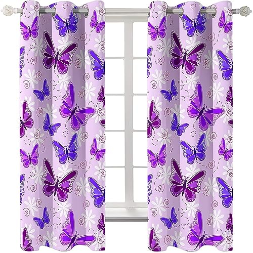 Homxi Vorhänge Blickdicht Modern 2er Set,2 x 132W x 138H cm,Gardinen Vorhänge Blickdicht Lila Schmetterlings Druck Ösenvorhang Wohnzimmer