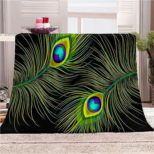 Kuscheldecke 80 x 150 cm 3D Grün Flanell Fleecedecke, Weich Warm Flauschig Decke Pfauenfeder Wohndecke Decken für Sofadecke Couchdecke kuscheldecken für Kinder Erwachsene, Blanket