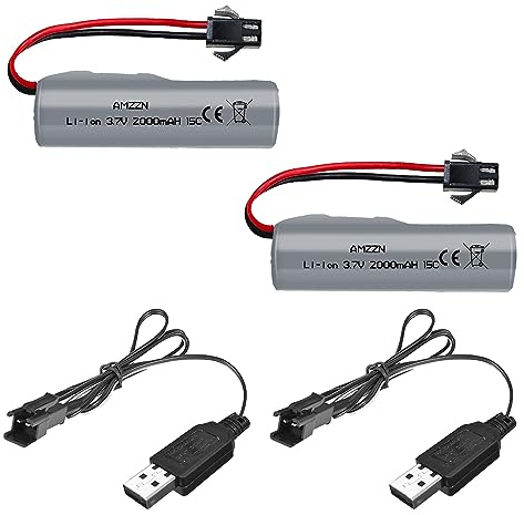 AMZZN 2PCS 3.7V 2000mAh 15C 1S Lipo Akku mit SM-2P Stecker und USB-Ladekabel für DE44 DE45 DE68 RC Auto, LKW RC Buggy RC Boot Ersatzbatterie