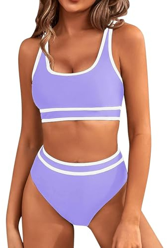 Due costumi da bagno da donna a vita alta con colori contrastanti Bikini Set da bagno a doppia spalla per reggiseno sportivo 2024 Top bikini, Viola, M