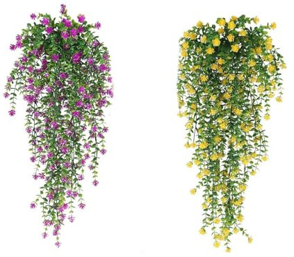 dinghaole 2Pcs Fake Garden Plants,UV Protection Artificial Hanging Flowers Outdoor Bouquet Hanging Vine Suitable for Outdoor Backyard Farmhouse Garden Balcony(Fuchsia,Yellow)