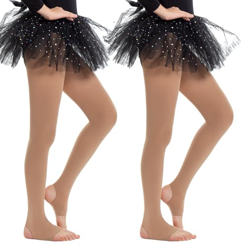 MANZI 2 Pairs 40 Denier Girl's Ballet Tights Convertible Foot Stirrup Dance Tights for Girl's Performance Suntan S Age 4-6