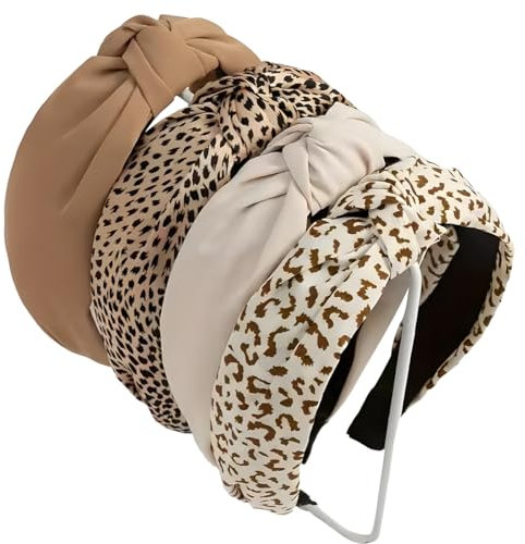 4 Stück Haarreifen Damen Stirnbänder, Leopardenmuster Haarreif, Vintage Haarband Rutschfest Stirnbänder, Breite Haarbänder für Frauen Mädchen Mode Haarschmuck Beige Braun