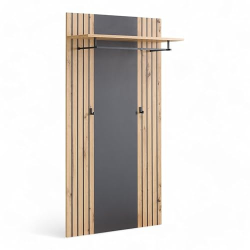 Lagos Garderobenpaneel in Artisan Eiche Optik, Anthrazit - Moderne Hutablage mit zuverlässigen Wandhaken für Jacken & Taschen - 80 x 150 x 28 cm (B/H/T) | Wandgarderobe mit Hutablage, zwei Haken und Kleiderstange, Stauraum für Jacken und Taschen, Anthrazit Absetzung, Garderobe