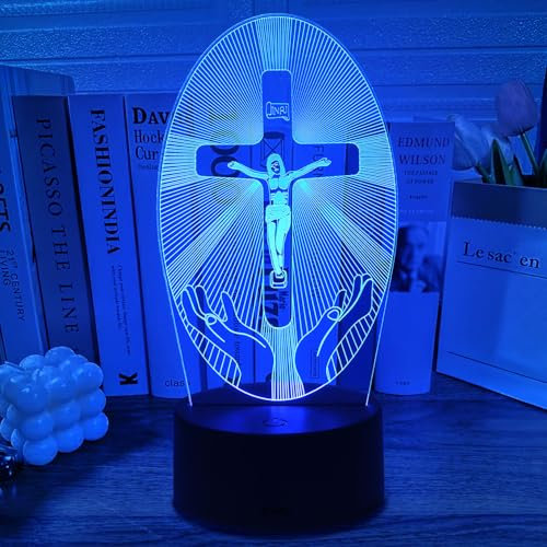 Gesù Croce Luce Notturna, Croce Lampada 3D LED con Telecomando + Touch 16 Variazioni di Colore + Timer, Regali Comunione Maschio per Ragazza Ragazzo Bambino 6 7 8 9 10 11 12 Anni Maschio