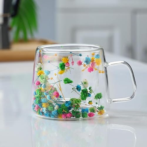 xamlyrek Double Walled Glass Coffee Cups, Dried Flowers Coffee Mugs Heat Resistant Glass Cups for Coffee Tea Milk Hot Chocolate Juice Ice Cream Birthday Gifts for Women Friends Teacher Mum Wife