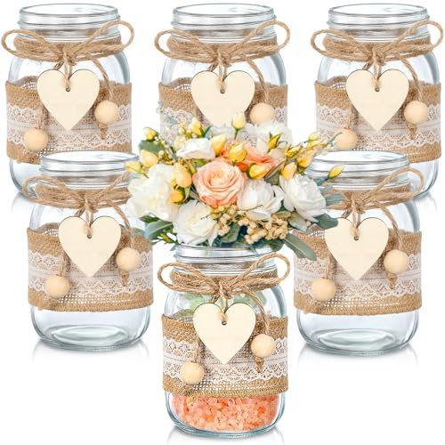Mumufy 6 Sets Mason Jar Table Centerpiece with Lace Sleeves and Heart Shaped Hemp Rope Rustic Mason Jar Vases Reception Engagement Party Bridal Shower Centerpieces Wedding Table Decorations