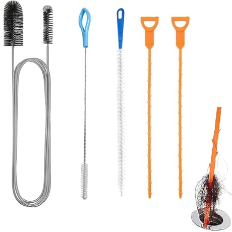5 Pcs Drain Cleaner Tool Set 155cm Double-Head Pipe Brushes, 2 pcs 50cm Drain Hair Clog Remover, 45cm Sink Unblocker Brush, 20cm Stiff Brush