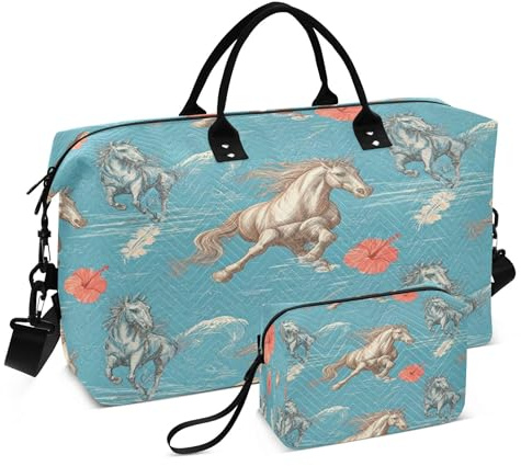 Burbuja Travel Duffel Bag for Women, Running Horses Hibiscus Weekender Overnight Bag Shoulder Carry On Tote Bag with Trolley Sleeve, Gym Bag with Toiletry Bag