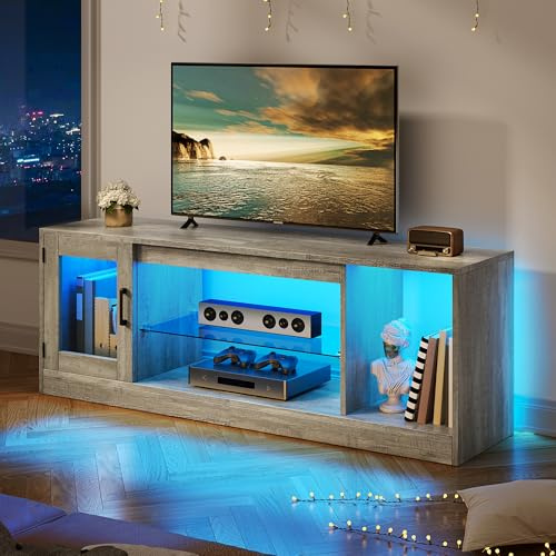 YITAHOME Mueble de TV de 148 cm para televisores de hasta 65 Pulgadas con 7 LED RGB, 22 Modos de iluminación, TV, Centro de Entretenimiento, Tablero bajo de TV con estantes de Cristal Ajustables