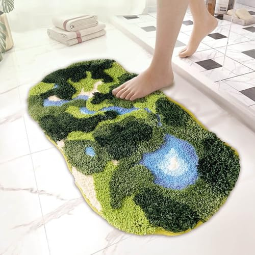 YINGSHIF 20x35Green Moss Rugs Cute Shag Fluffy Bath mat Grass Carpet for Bathroom Decor Non Slip Machine Washable Aabsorbent for Living Room Shower Mat Door mat Indoor