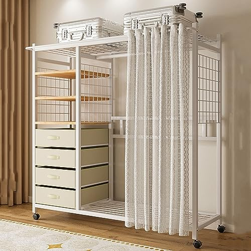 Armadio Portatile con Ruote, Armadio Mobile in Metallo con Asta per Appendere e Cassetti, Armadio Portaoggetti con Ruote e Tende Antipolvere, Organizzatore per Vestiti per Camera da Letto
