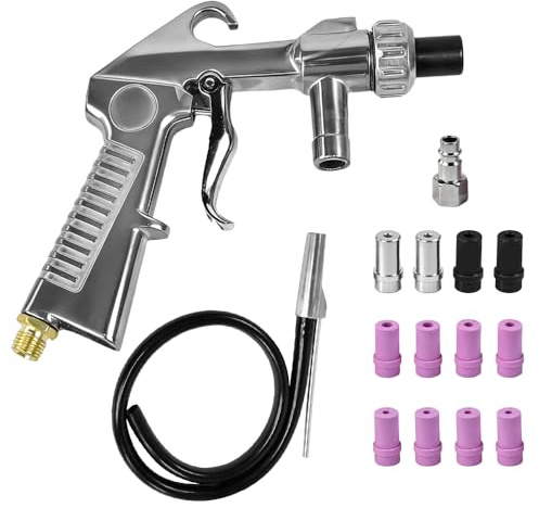 Vunanvu Kit de Pistola de Chorro de Arena, Pistola de Chorro de Arena neumática Portátil con Manguera y Boquillas 5/6/7mm, Chorreadora deArena de Aleación de Aluminio para Equipos de Chorro deArena