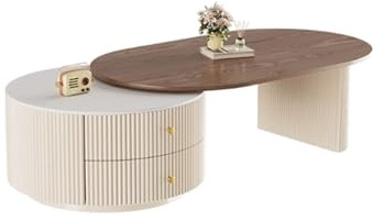 SLOKFV5 Table Basse Table Basse Extensible Ovale en Noyer grainé, Table Centrale, Table d'appoint Ronde avec 2 tiroirs de Rangement for Salon, Chambre à Coucher, Appartement Chambre