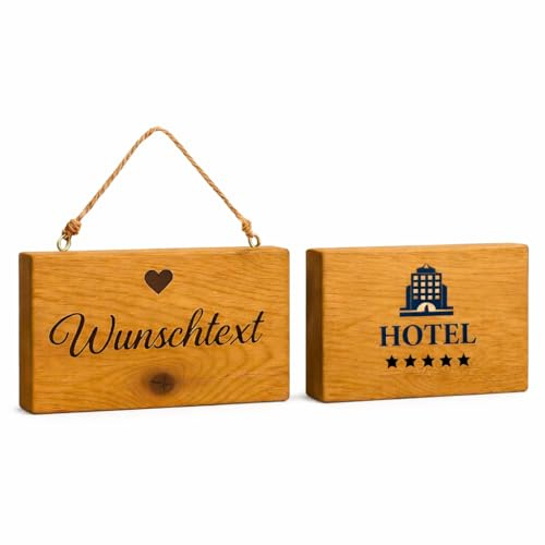 Hochwertiges Holzschild mit Gravur, Eiche massiv, Türschild personalisiert | Schild Holz mit Wunschtext & Motiven, 10+ Schriftarten, Jutekordel oder Aufhängung eingelassen, handgemacht in Deutschland