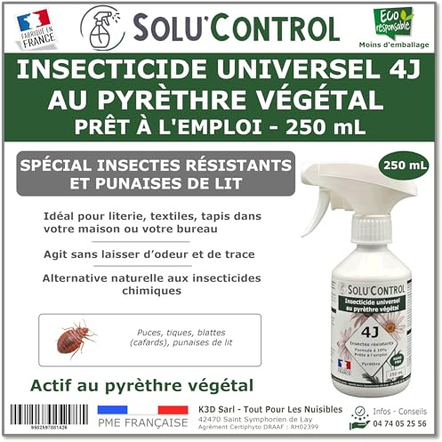 Solu’Control Insecticide Universel 4J au Pyrèthre Végétal – Prêt à l’Emploi 250 mL – Spécial Punaises de Lit & Insectes Résistants – Sans PBO – Fabriqué en France