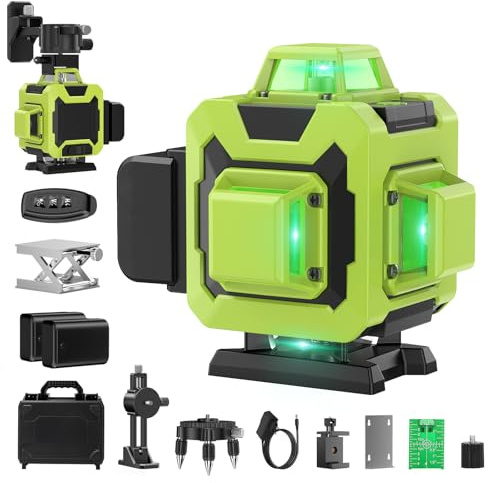 Livella Laser Autolivellante 360° – 16 Linee Verdi, 4×360°, Alta Visibilità, 2 Batterie, Telecomando e Kit Accessori, Ideale per Cartongesso e Pavimenti