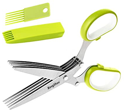 BangShou Tijeras para Hierbas con tapa de Seguridad y Peine Limpieza Multifuncionales Tijeras De Cocina de Acero Inoxidable 5 Hojas para Hierbas, Especias, Perejil, Cebollinos y Verduras