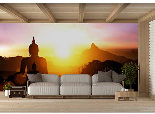 Fotomural Vinilo Para Pared Silueta de Buda en la Puesta de Sol | Fotomural para paredes | Mural | Vinilo Decorativo | Varias Medidas 350 x 250 cm | Decoración comedores, salones, habitaciones...
