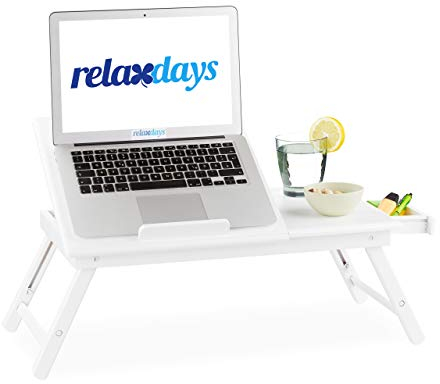 Relaxdays Bambus Laptoptisch, höhenverstellbarer Laptopständer für Bett und Sofa, mit Schublade, HBT: 24x60x35cm, weiß, Größe