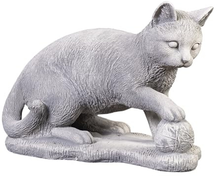 gartendekoparadies.de Katze mit Ball, Steinfigur, H. 26 cm, 6 kg, Grau, frostsicher aus Steinguss für Außenbereich