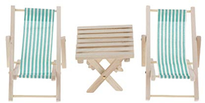 Perfeclan 3 Stücke 1/6 Puppenstube Garten Möbel Holzmöbel gestreiften Liegestuhl Strandstuhl Klappstuhl & Tisch, Grün