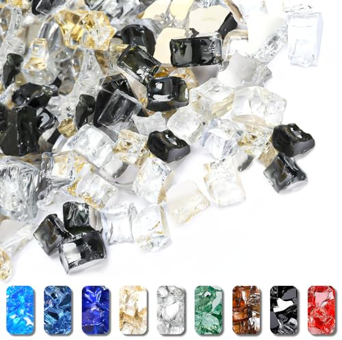 Grisun Fire Glass for Fire Pit, 1/2 Inch 10 Pounds High Luster Reflective Tempered Glass Rocks for Natural or Propane Fireplace, Safe for Outdoors or Indoors Firepit